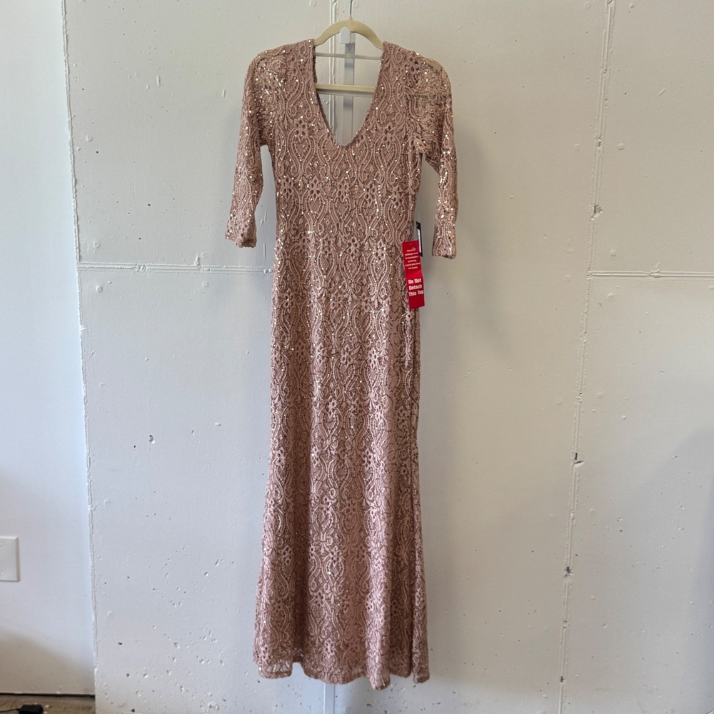 NWT Marina Blush Pink Sequin Lace V-Neck Maxi Gown Dress 6 263560 Wedding Guest